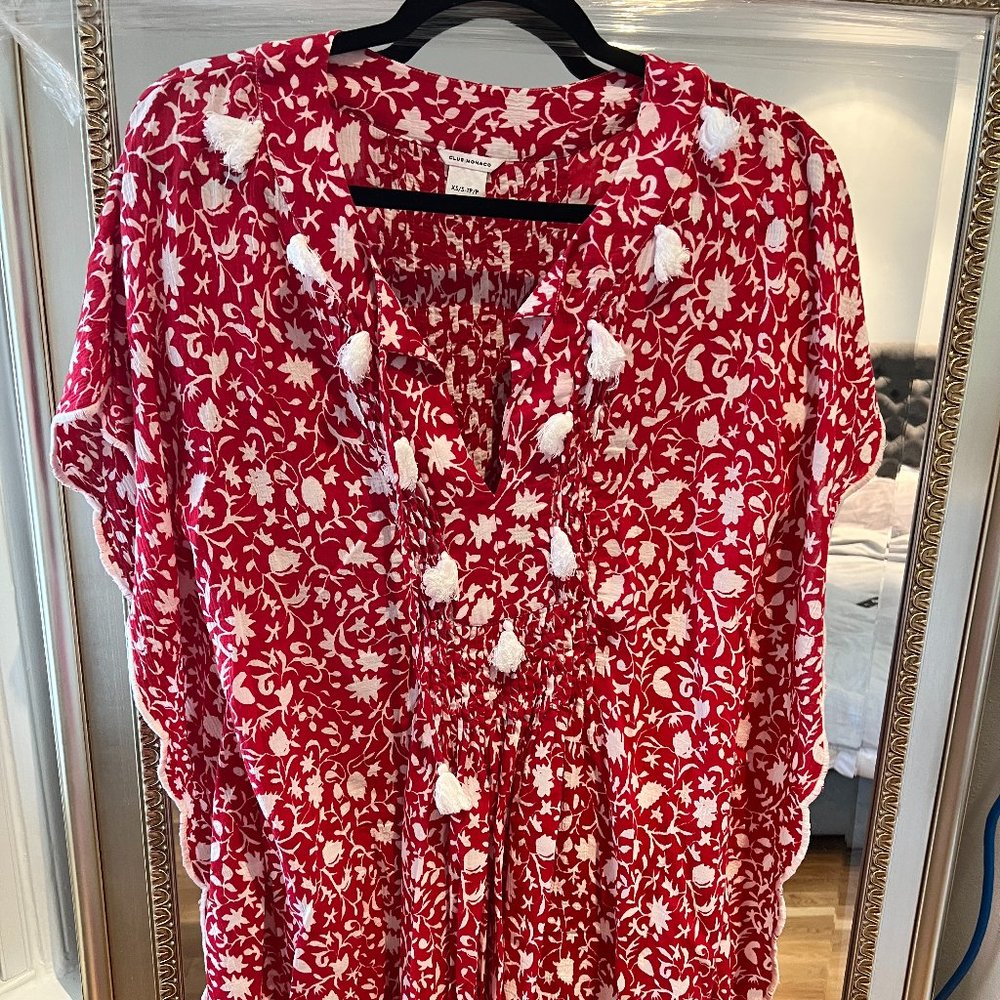 Club Monaco swim dress cinched red and white pompom
